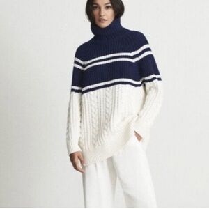 Reiss Navy and Cream Striped Cable Turtleneck Sweater